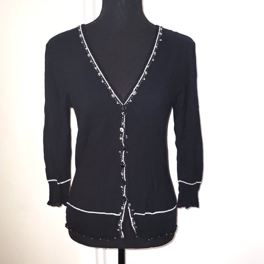 Lisa Ho Black/Embellished 3/4 Sleeve Cardigan Sweater - S